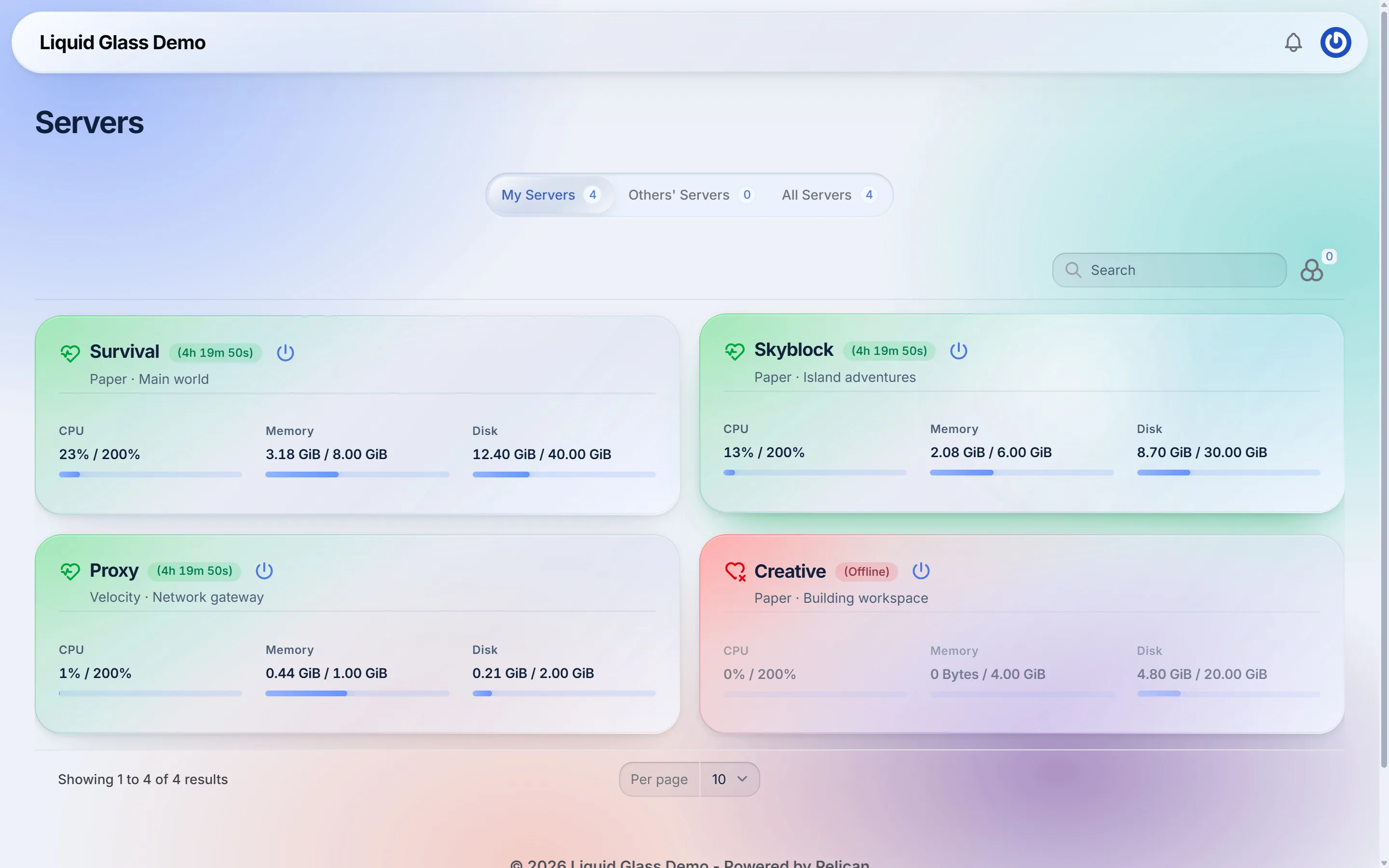 Server list in light mode with glass cards